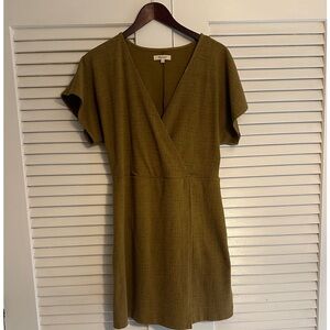 MADEWELL SPICED OLIVE CROSS-FRONT FLUTTER-SLEEVE FIT & FLARE MINI DRESS Sz L